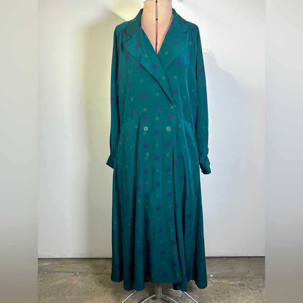 Vintage 80s/90s Liz Claiborne 100% Silk Dark Green Print Midi/Maxi Dress Size 8 - Picture 9 of 16
